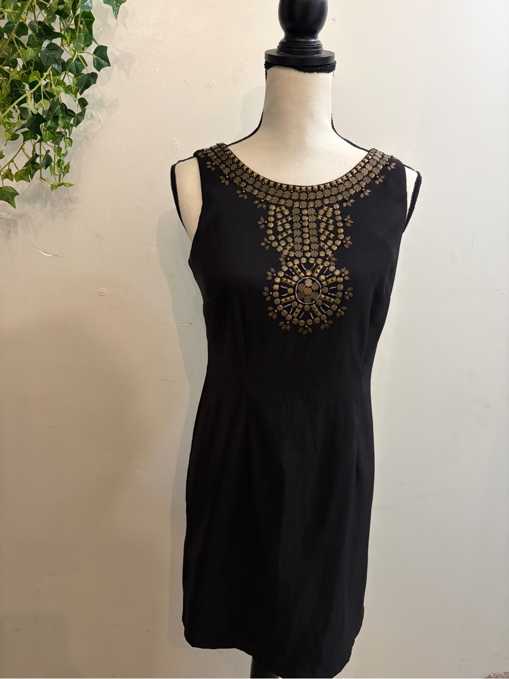 IN Studio Sheath Dress Womens 6P Petite Black Bronze Sequins Neck Design Zip Up